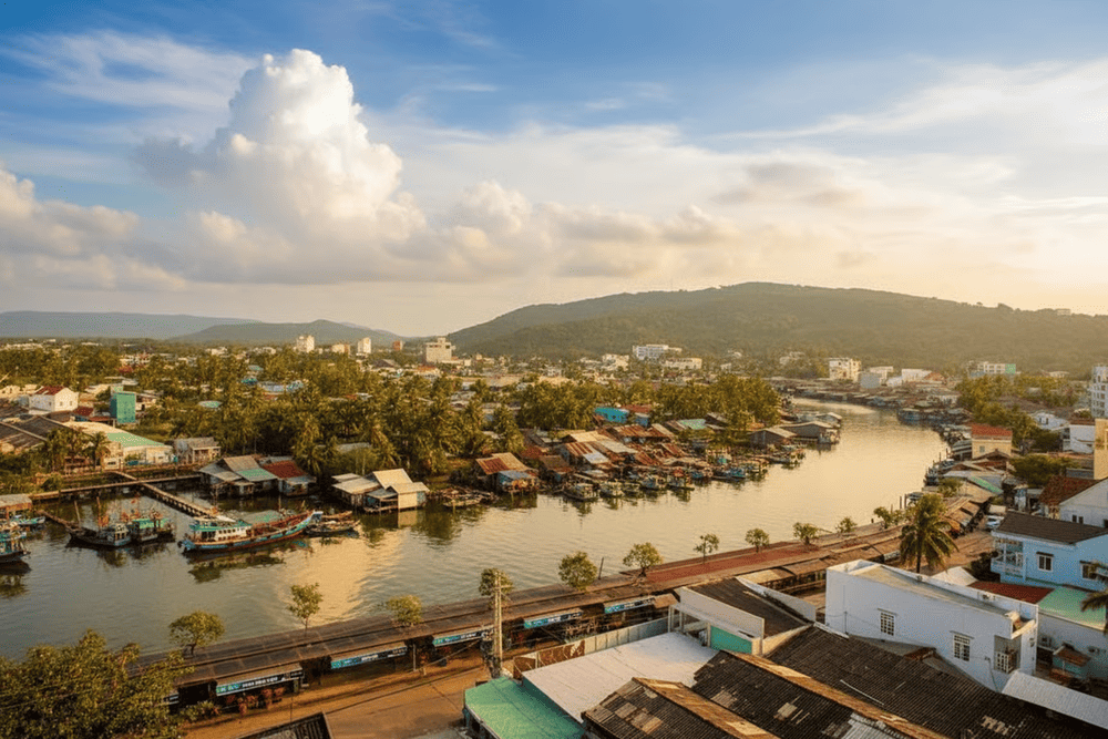 A panoramic view of the gentle Duong Dong River flowing peacefully through the heart of Phu Quoc Island